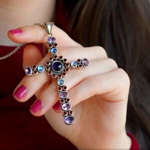 NICKY BUTLER Designer NB 925 Sterling Silver Amethyst Cross Pendant Necklace NWT